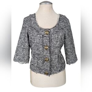 Chic Black And White Wool Tweed 3/4 Sleeve Cropped Blazer with Gold Buttons